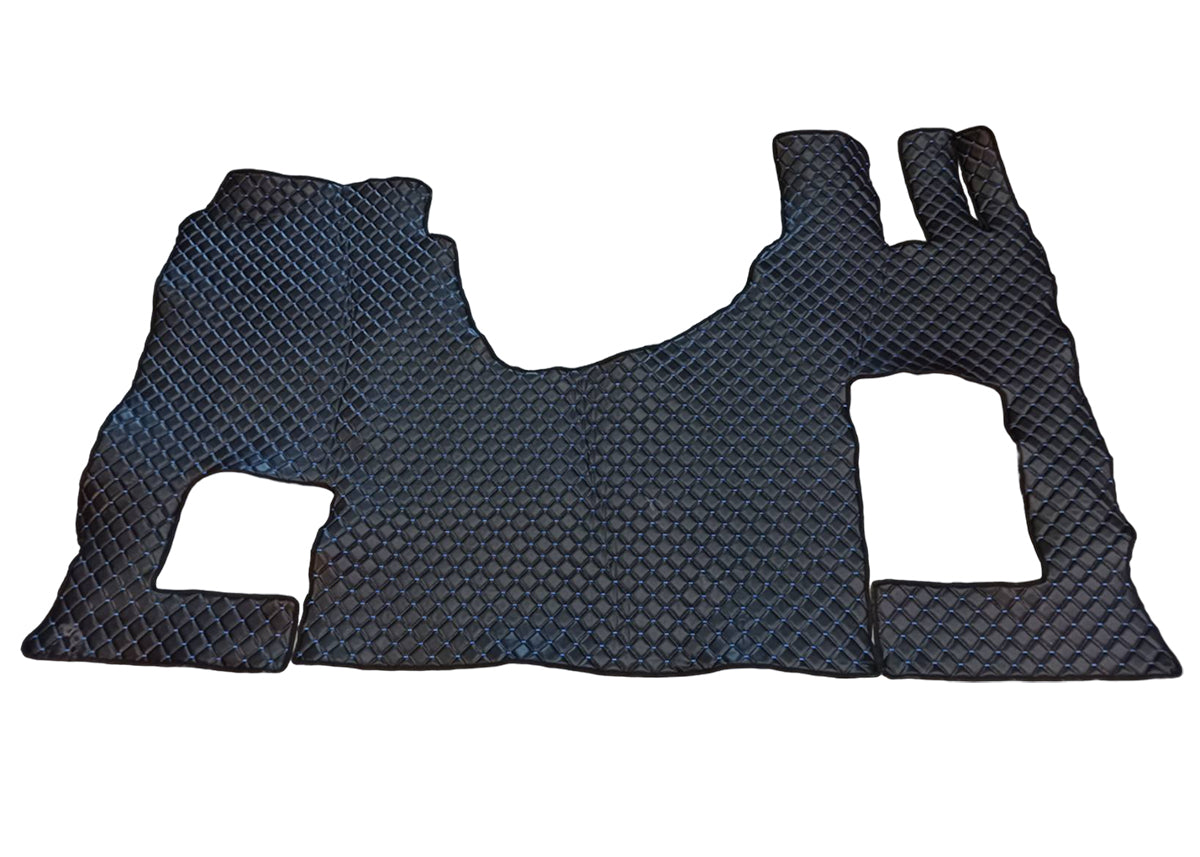 Schwarzer Kunstleder-Fußmattensatz – Rechtslenker, geeignet für Mercedes Actros GigaSpace MP4/MP5, blaue Ziernähte, Klappsitz