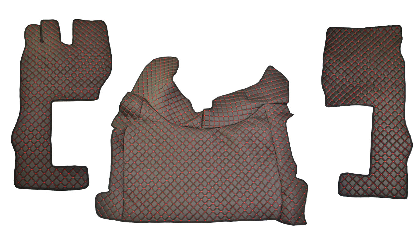 Черни подови стелки от изкуствена кожа (еко кожа) – подходящи за Volvo FH4, син шев, дълъг модел, 2021+