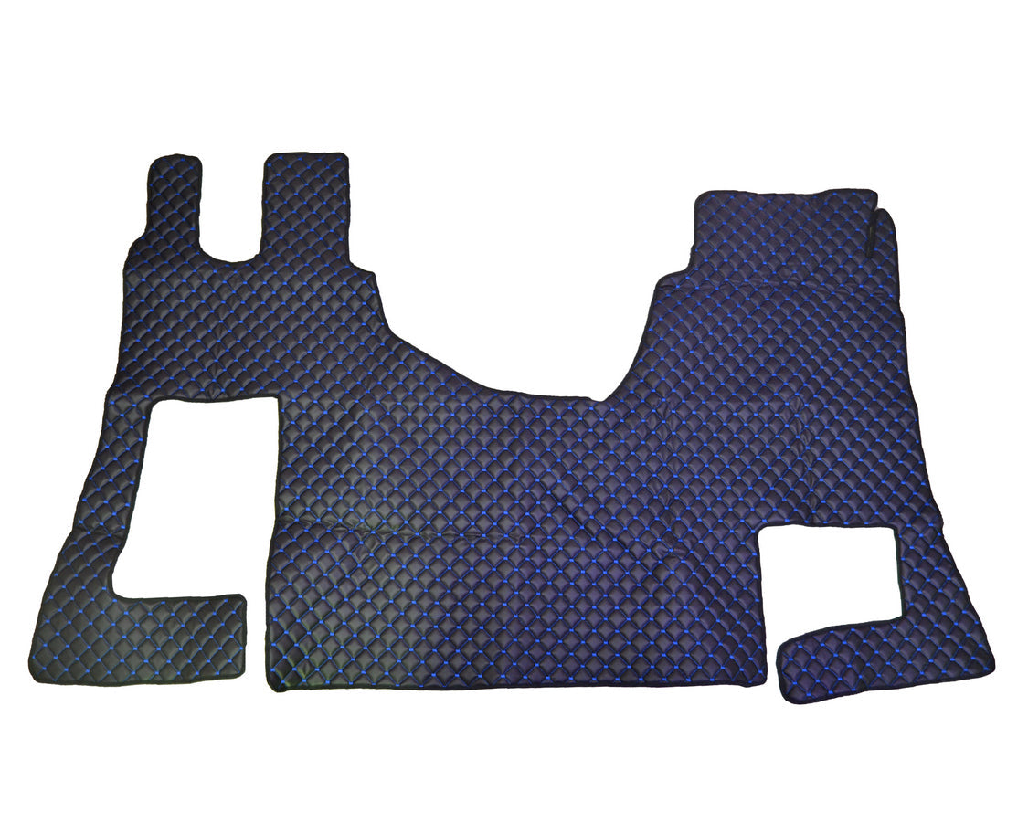 Tapis de sol en cuir noir – adapté pour Mercedes Actros MP4, surpiqûres bleues