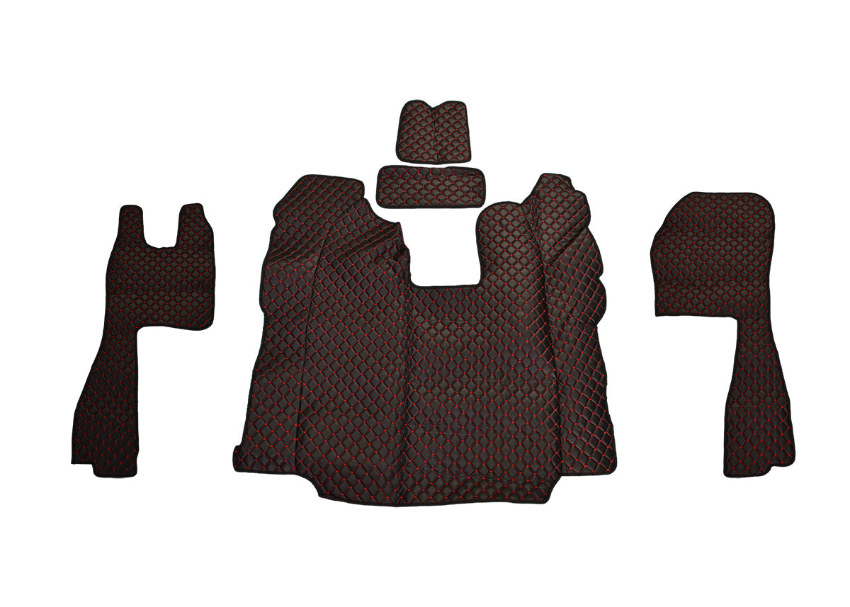 Tapis de sol en cuir – adapté pour Scania R sièges normaux, boîte automatique, noir avec surpiqûres rouges, 2010–2019, jeu