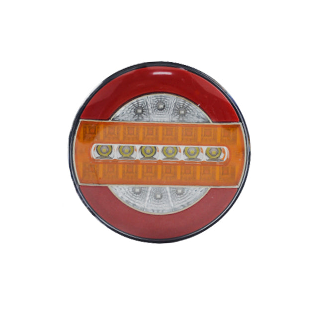 Rundes LED-Heckleuchtenmodul (Hamburger-Bauform), Rot/Weiß, dynamischer und Standard-Blinker, 12–24 V, 140 mm