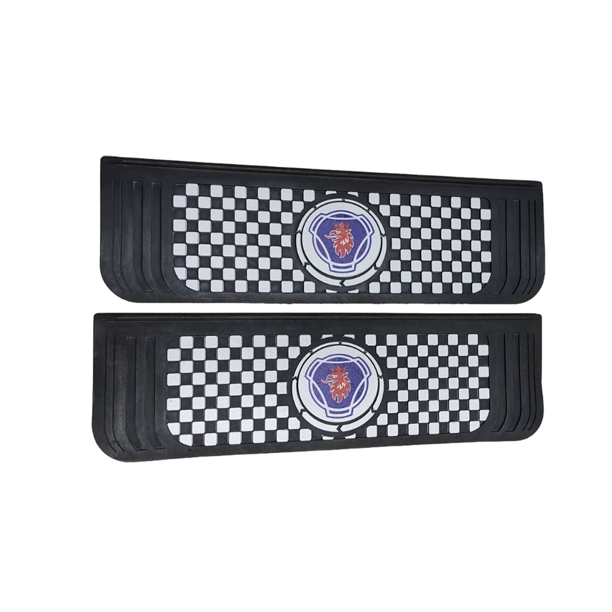 Черни текстурирани калобрани – 18 x 60 cm, шахматен фон, син надпис Scania, комплект 2 броя