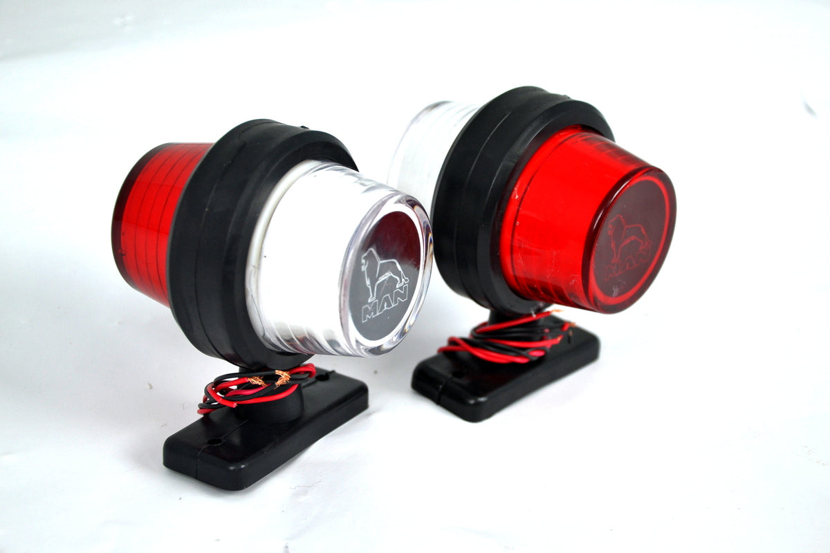 Неонова габаритна лампа – тип къс рог, червено/бяло, подходящ за MAN лого, 12/24V, 110 x 90 mm