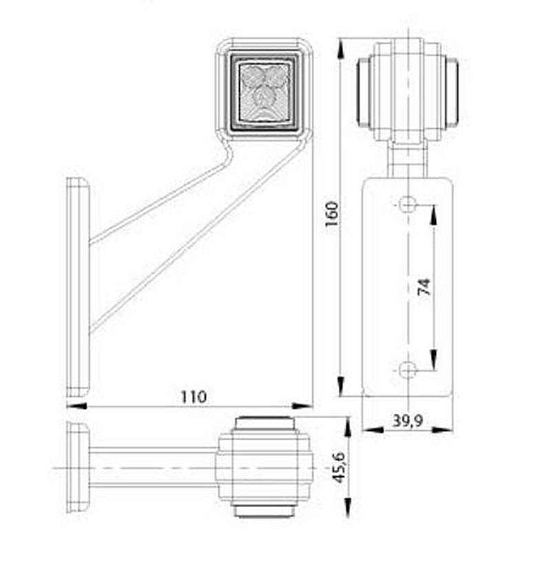 Feu de gabarit LED carré allongé incliné, noir/blanc, côté gauche, 12/24 V, 110 mm