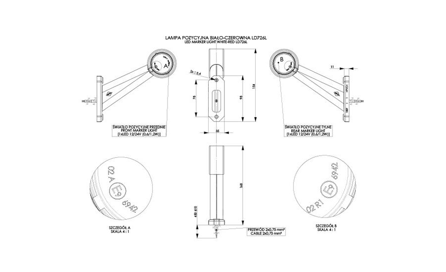 Feu de gabarit latéral LED, long incliné rouge/blanc, 12/24 V, montage côté gauche
