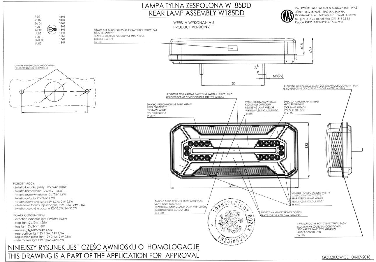 Symmetrische LED-Heckkombileuchte, Neon-Optik, dynamischer Blinker, 12/24V, 306 x 133 x 60 mm
