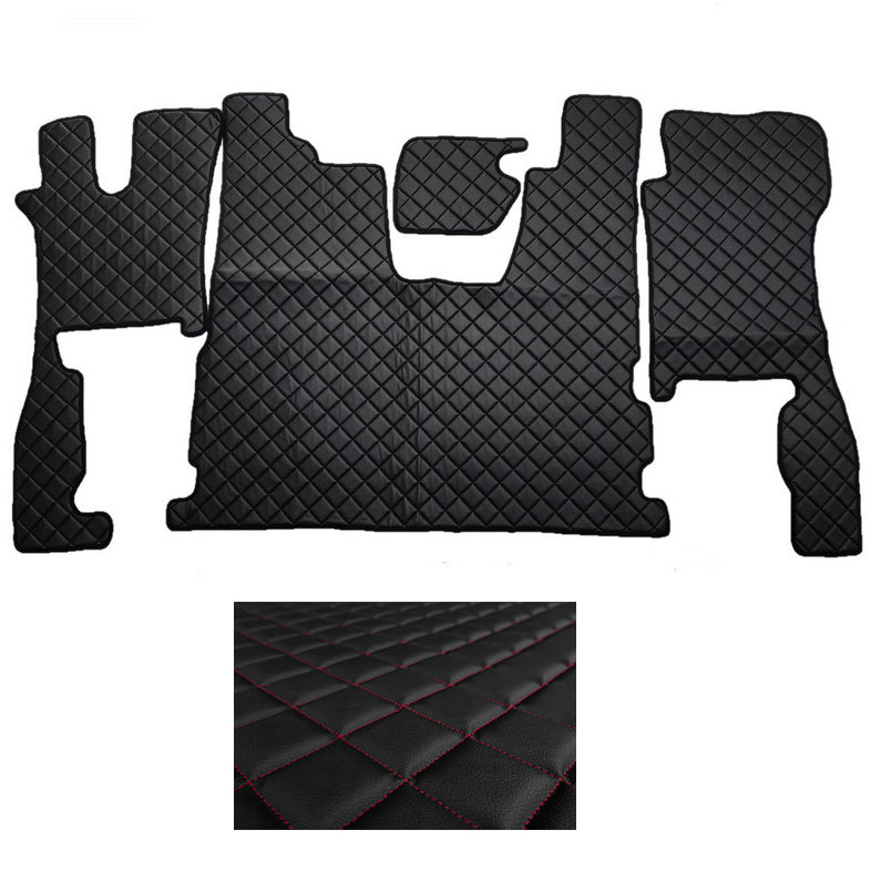 Tapis de sol en cuir synthétique (éco-cuir) noir – adapté pour Scania R 2016+, surpiqûres rouges