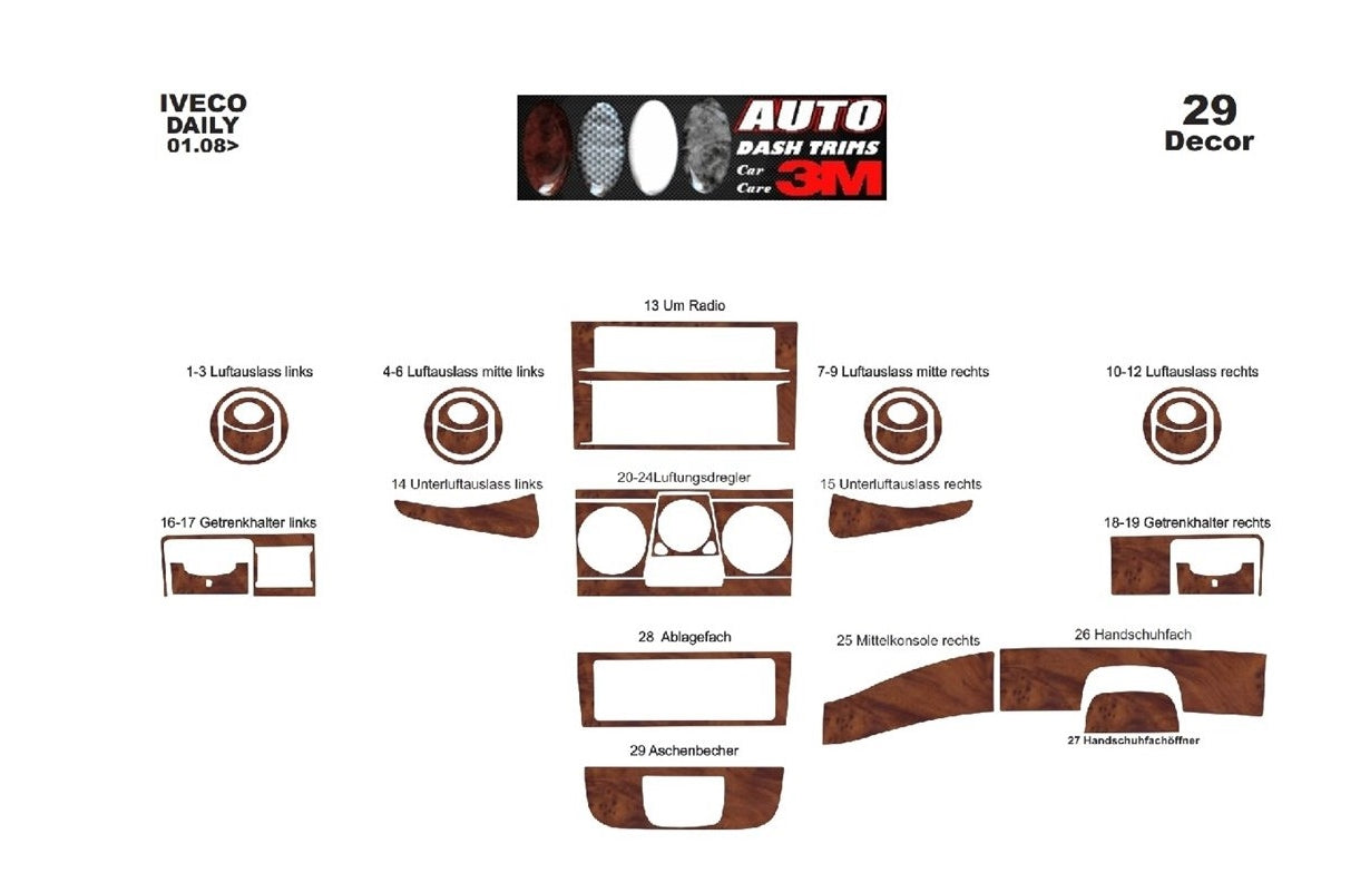 Mahogany Silicone Dashboard Sticker Kit – suitable for Iveco Daily 2007–2015, 29 Pieces