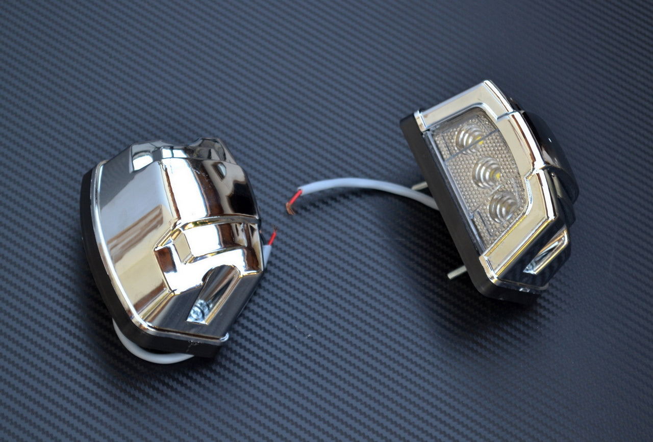 Jeu de feux de plaque d’immatriculation LED, grand boîtier nickelé, 12/24 V, lot de 2