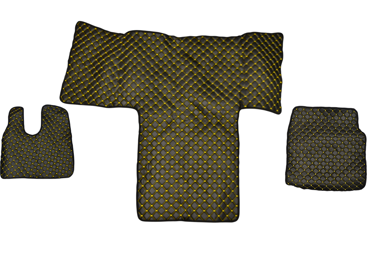 Fußmattensatz in Leder – geeignet für MAN TGL/TGS/TGM Großraumkabine L-Cab/LX-Cab (ab 09.2012), Schwarz mit gelber Ziernaht