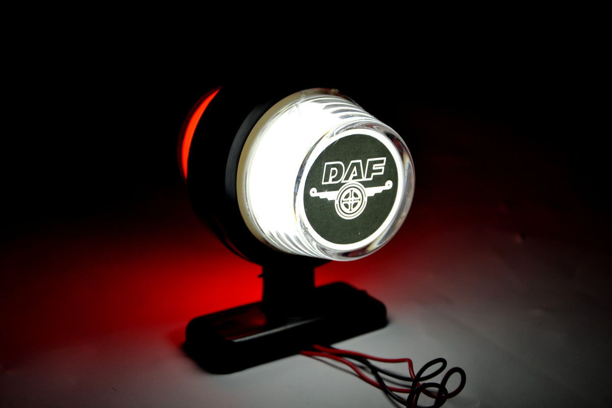 Feu de gabarit latéral néon – rouge/blanc, adapté pour logo DAF, 12/24 V, 110 x 90 mm, base en caoutchouc 720 mm