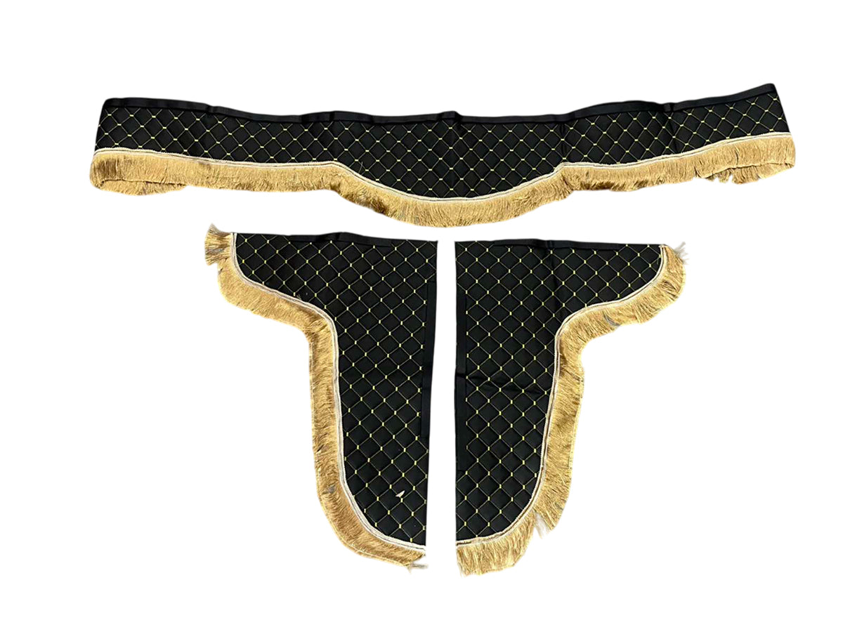 Jeu de rideaux décoratifs pour véhicule en cuir, trois pièces – noir avec surpiqûres et pompons beiges