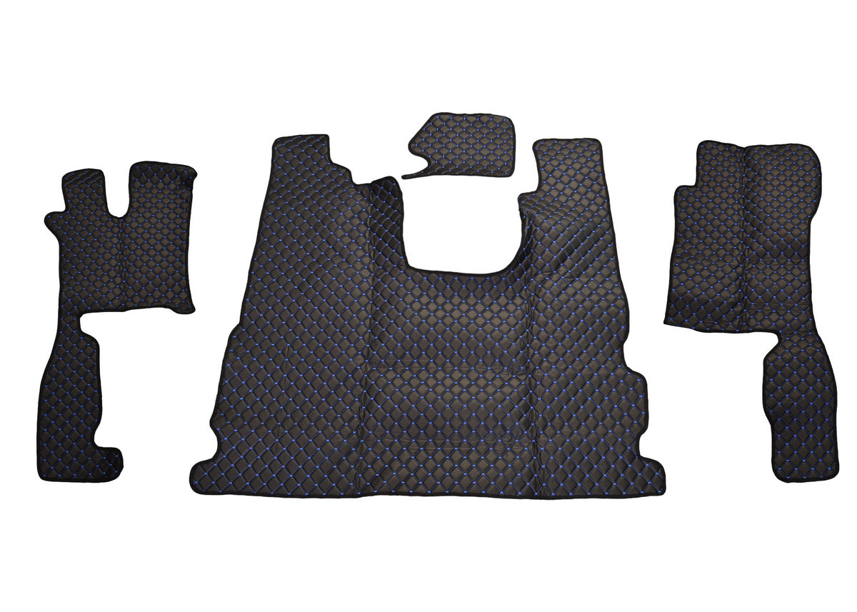 Μαύρα πατάκια δαπέδου από τεχνητό δέρμα (eco leather) – κατάλληλο για Scania R 2016+, μπλε ραφές