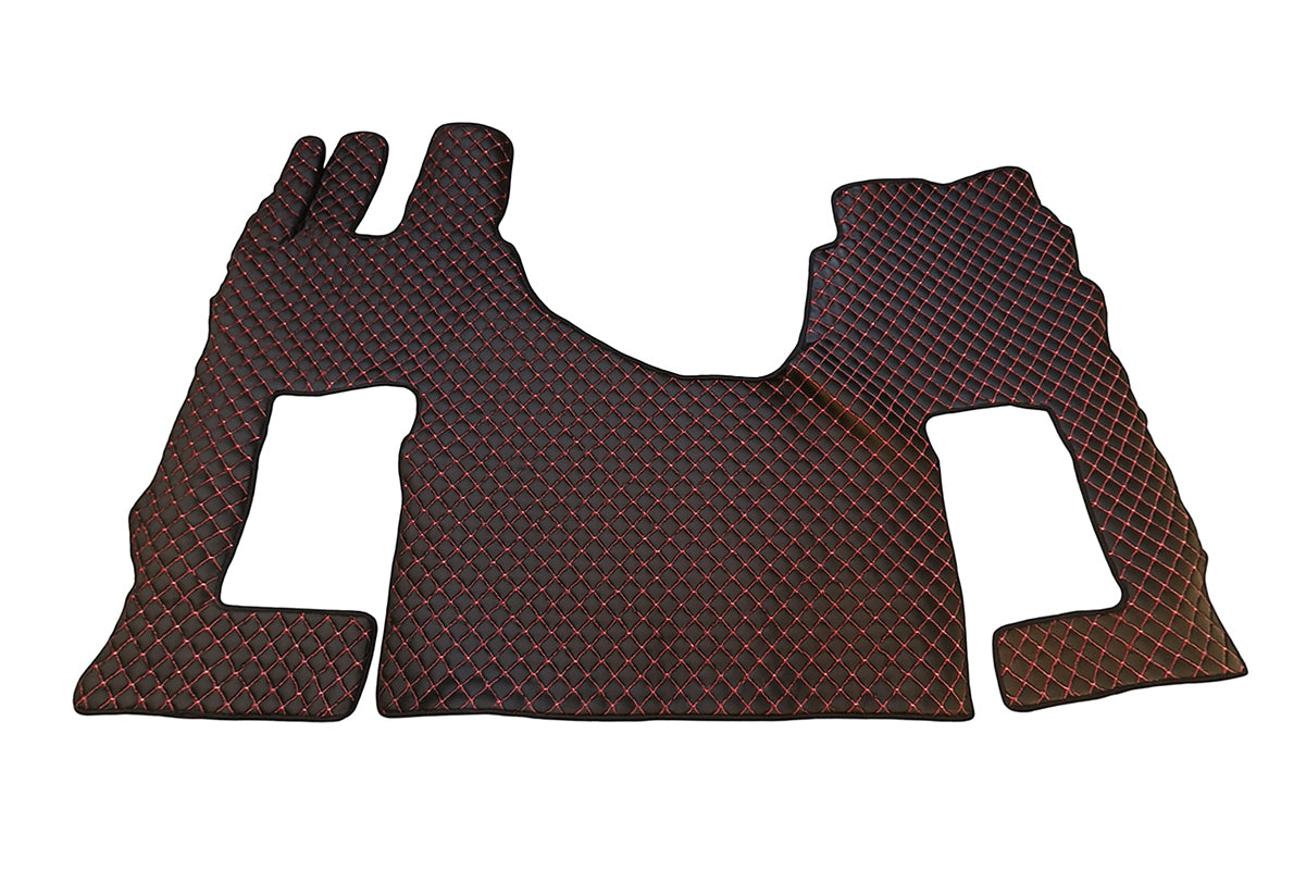 Tapis de sol en cuir synthétique (éco-cuir) noir – Surpiqûres rouges, antidérapants, adapté pour Mercedes Actros Giga Space MP4/MP5 à siège fixe