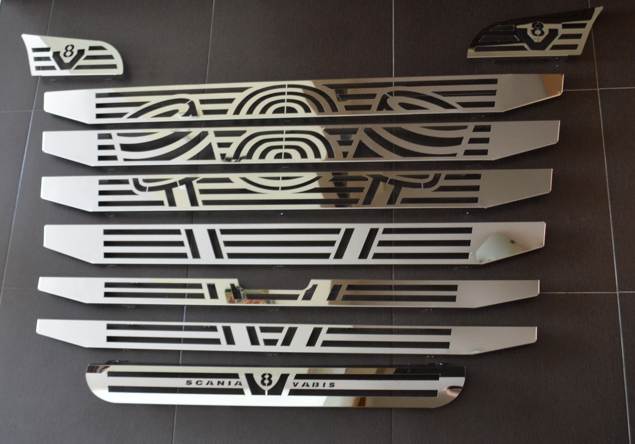 Front Radiator Grille Decoration Set – suitable for Scania R 2010–2016, Narrow Cab, 9 Pieces, Stainless Steel