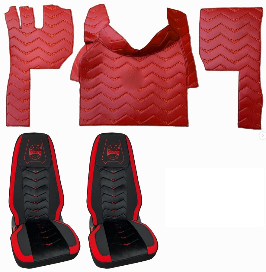 Ensemble intérieur adapté pour Volvo FH4 2013+ – housses de siège 5 pièces, jeu de tapis de sol 3 pièces, cuir rouge et Alcantara