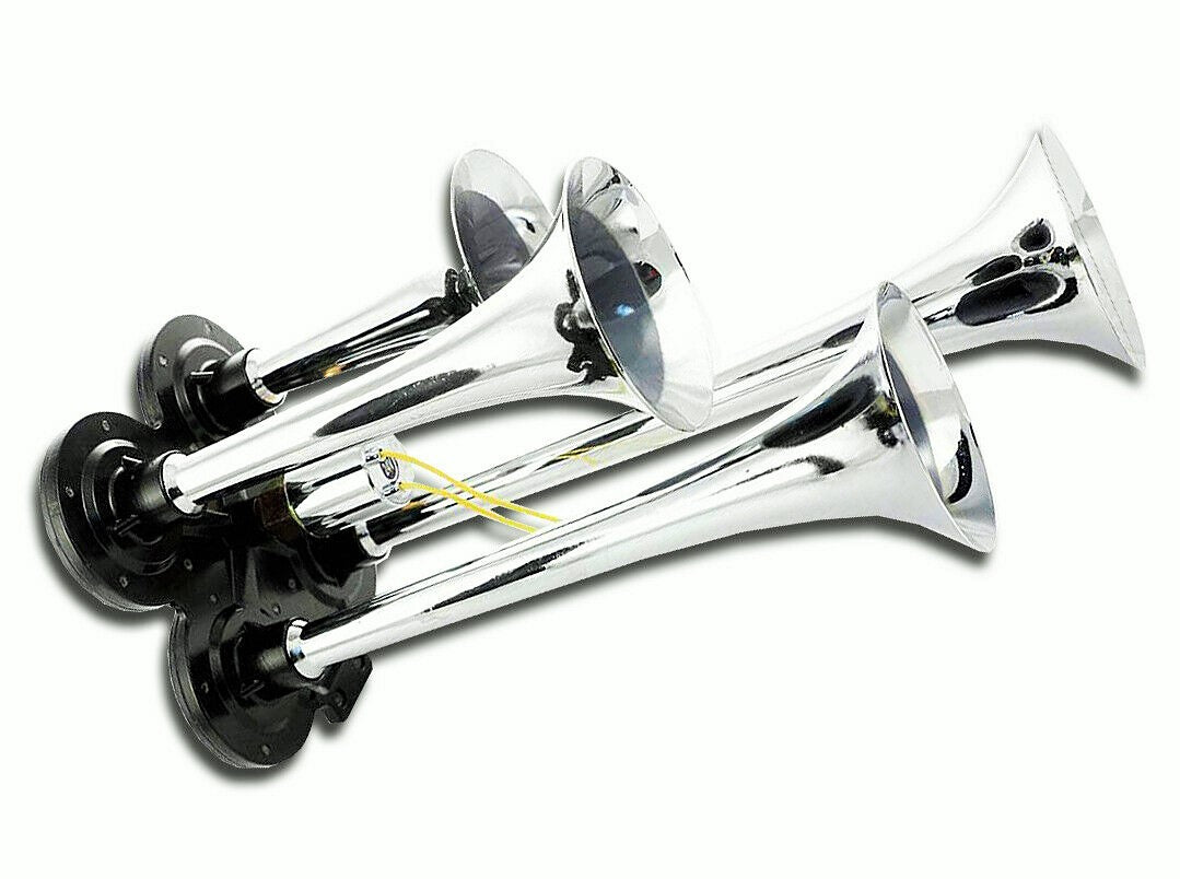 Avertisseur pneumatique quadruple pour camion, 12/24 V, 130 dB, trompes en métal chromé
