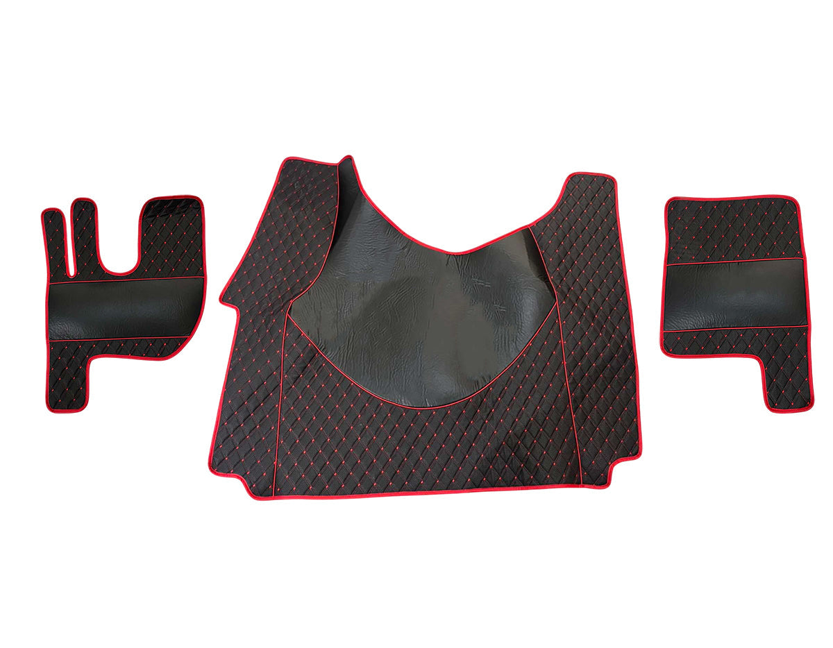 Черни подови стелки от изкуствена кожа (еко кожа) – подходящ за тунела на Renault Gama T, червен шев, гладка и ромбоидна шарка