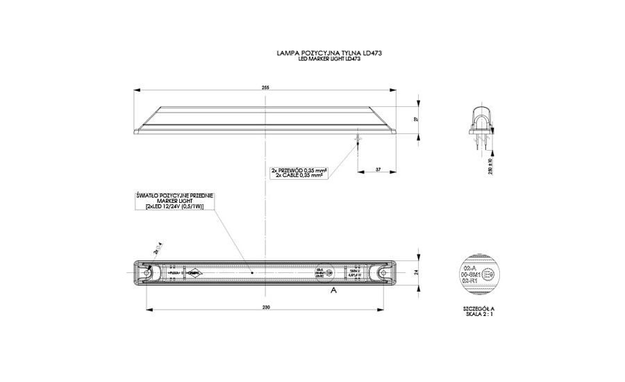 Long feu de gabarit à LED rouge 12/24 V – 250 x 24,6 mm, entraxe de fixation 230 mm