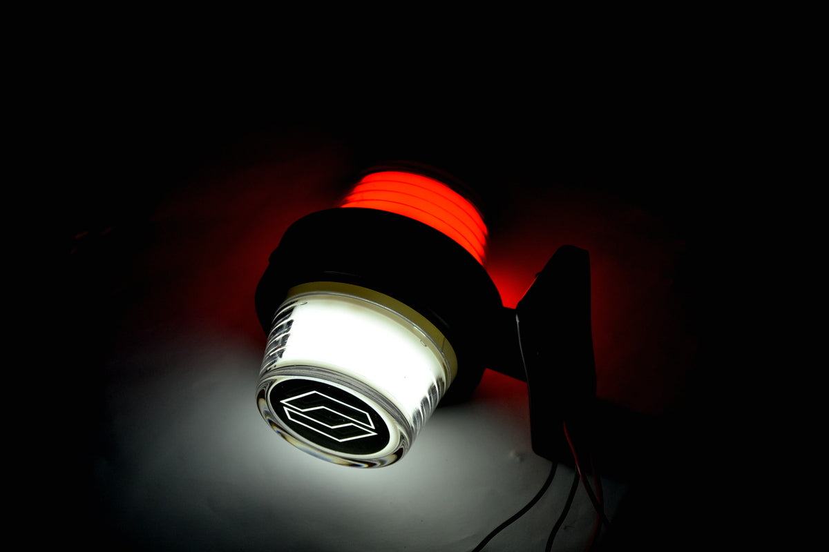 Feu de gabarit latéral néon – type corne courte, rouge/blanc, adapté pour logo Renault, 12/24 V, 110 x 90 mm, embase caoutchouc 720 mm