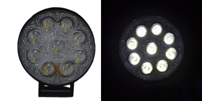 Projecteur de travail LED rond plat, 27 W, 9 diodes, boîtier en aluminium, fixation inférieure