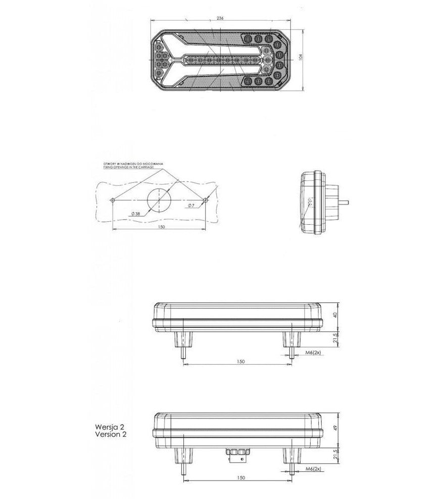 LED неон стоп LED стоп светлина 12/24V 236×104×40 mm с 150 mm монтаж и 2000 mm кабел