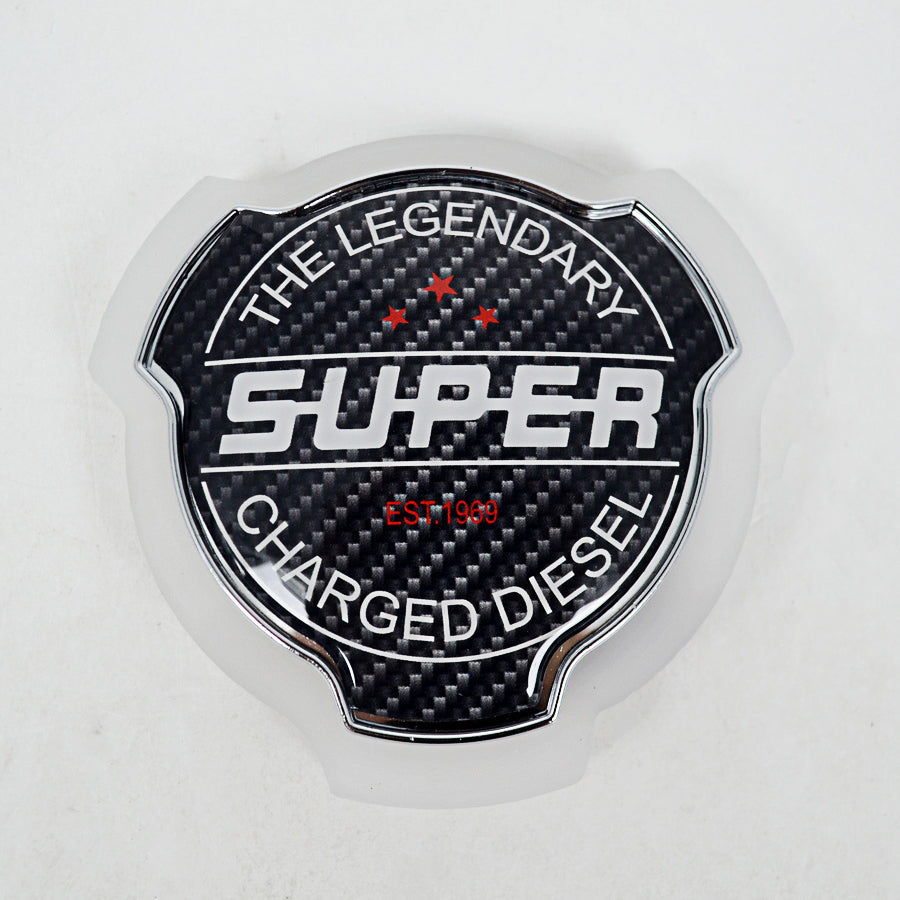 Знак за външно огледало SUPER, карбоново покритие, жълта неонова светлина, 12/24V, диаметър 950 mm