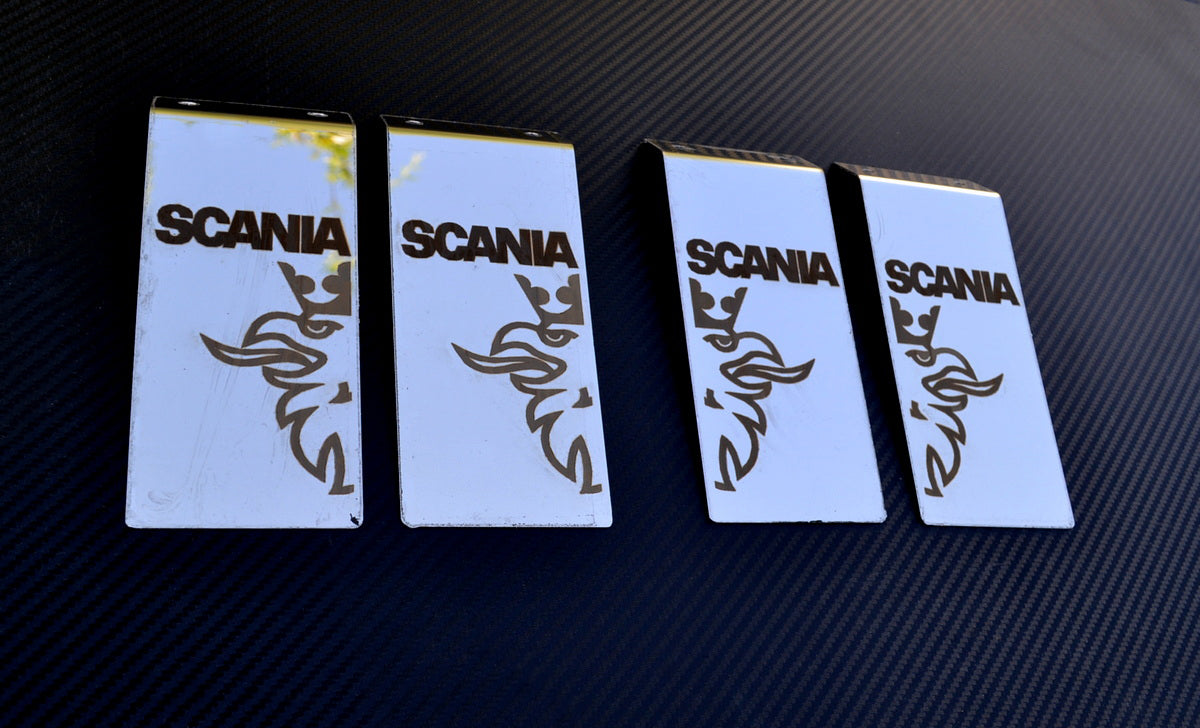 Supports de bavettes adapté pour camions Scania – Jeu de 4 en inox avec logo Griffin, 165 x 70 mm