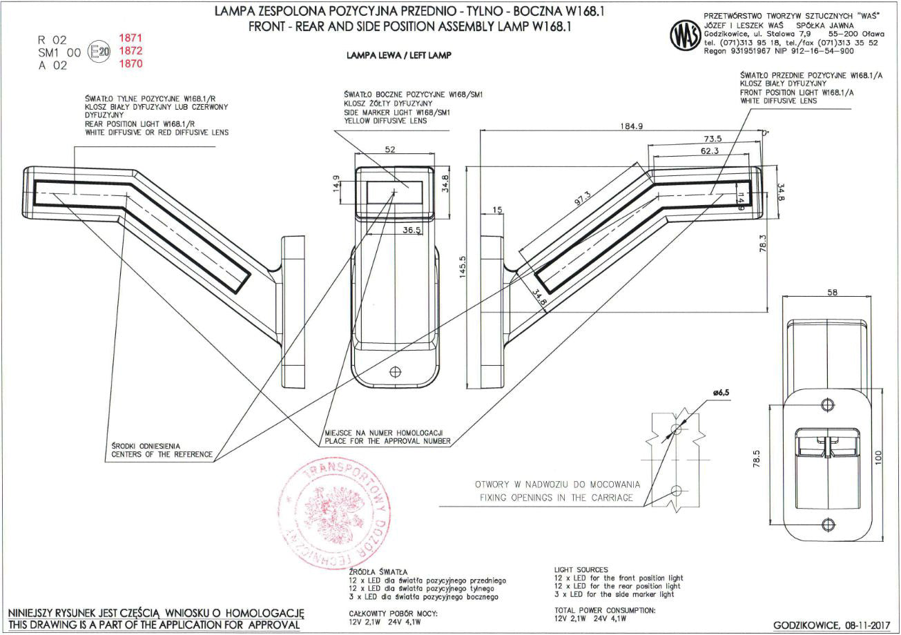 Feu de gabarit latéral néon à LED triple, côté droit, rouge/blanc/ambre, 12/24 V