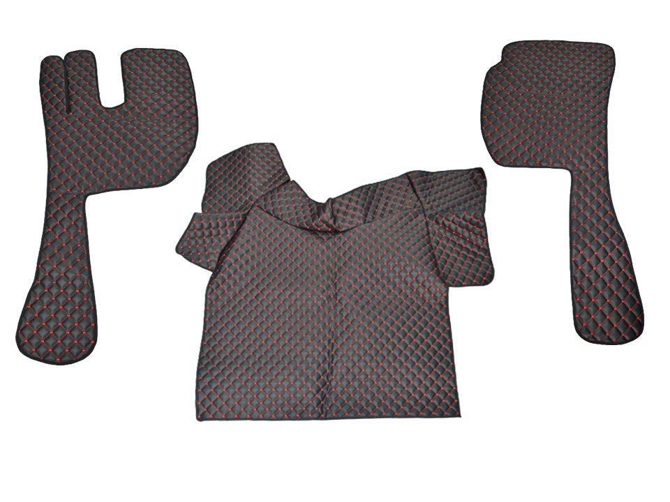 Комплект кожени подови стелки – подходящ за Volvo FH12/FH16 2002–2012, черни с червен шев