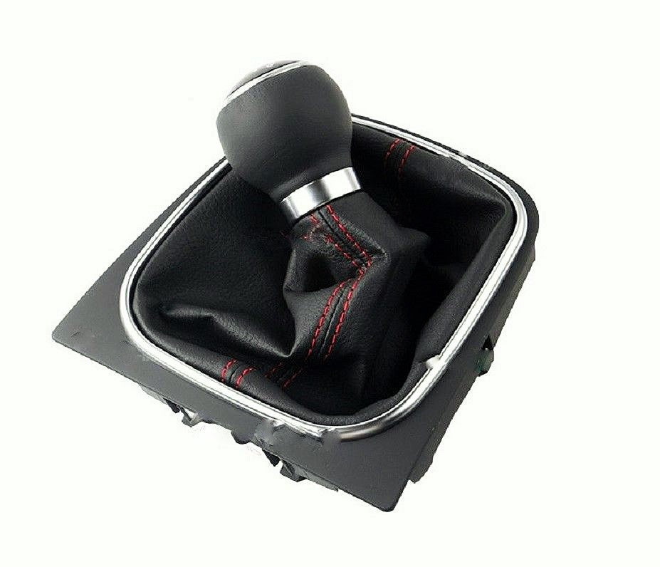 Pommeau de levier de vitesses avec soufflet – cuir noir, surpiqûres rouges, 5 rapports, adapté pour VW Golf 5