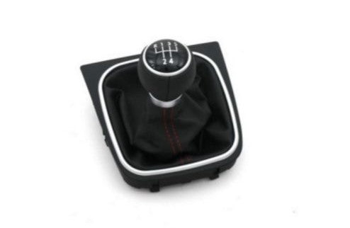 Pommeau de levier de vitesses avec soufflet – cuir noir, surpiqûres rouges, 5 rapports, adapté pour VW Golf 5