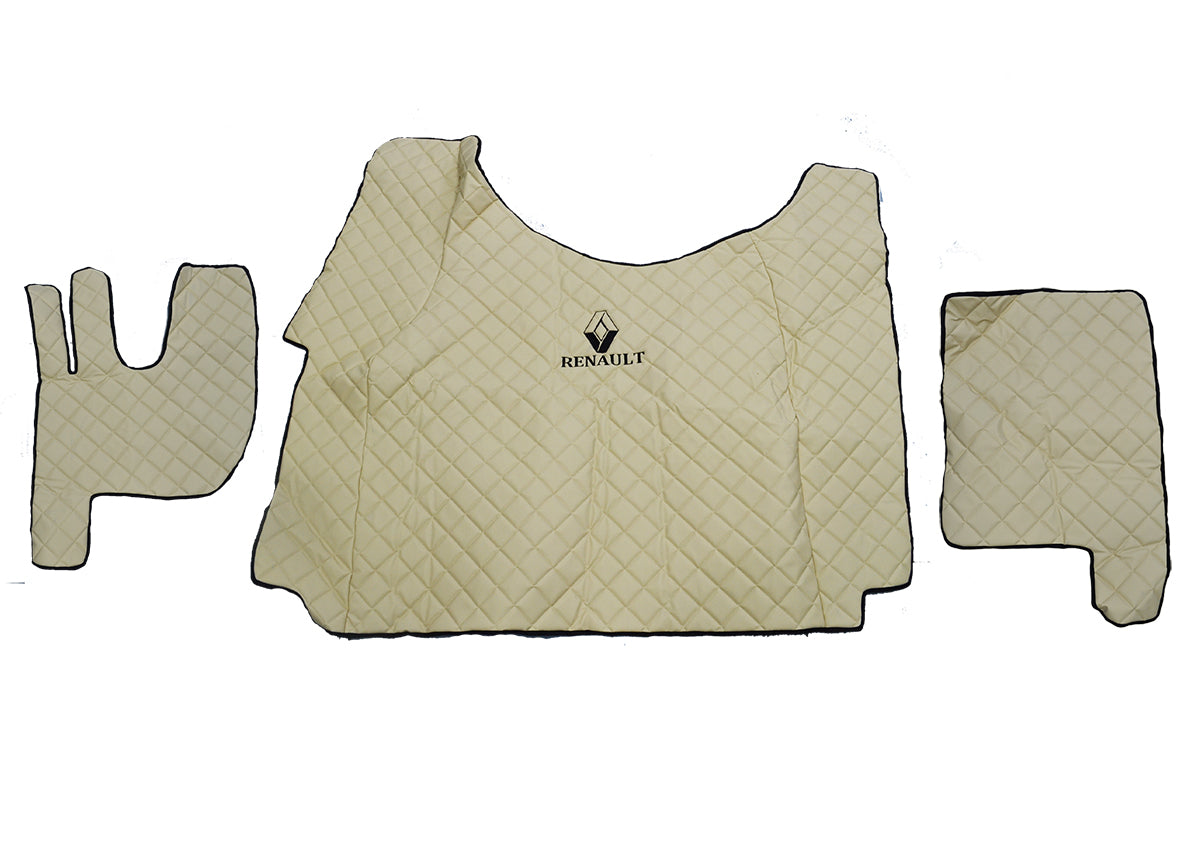 Tapis de sol beige en cuir synthétique (éco-cuir) – adapté pour tunnel Renault T Range 2014–2021, avec logo et lettrage