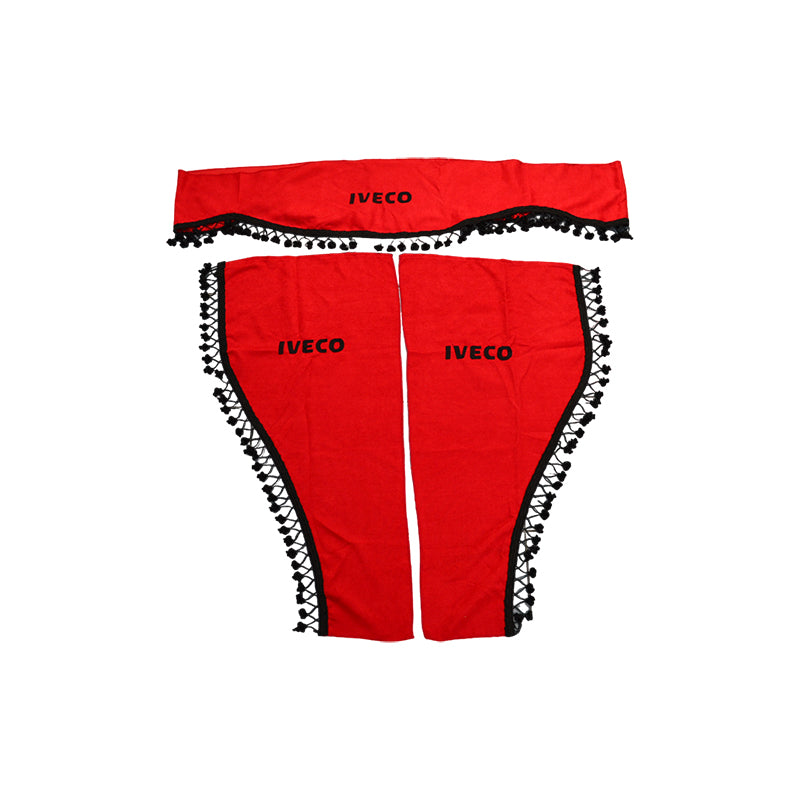 Rideaux de cabine pour camion adaptés pour Iveco – Jeu 3 pièces, rouge avec franges et lettrage noirs