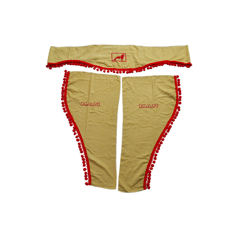 Lkw-Gardinenset – geeignet für MAN, 3-teilig, Beige mit roten Quasten, Logo und Schriftzug