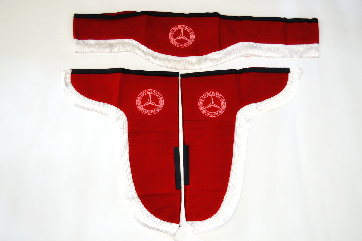 Dekorative Kabinengardinen geeignet für Mercedes Lkw – 3-teiliges Set in Rot mit weißen Fransen