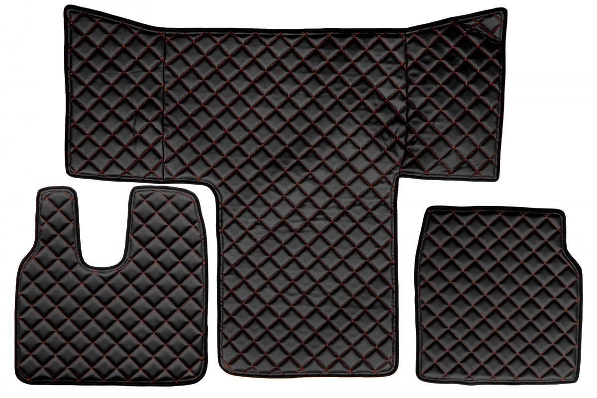 Fußmattensatz aus Kunstleder (Eco-Leder) – geeignet für MAN TGL/TGS/TGM Large Cab, L-Cab, LX Cab, Schwarz mit roter Ziernaht, ab 2012