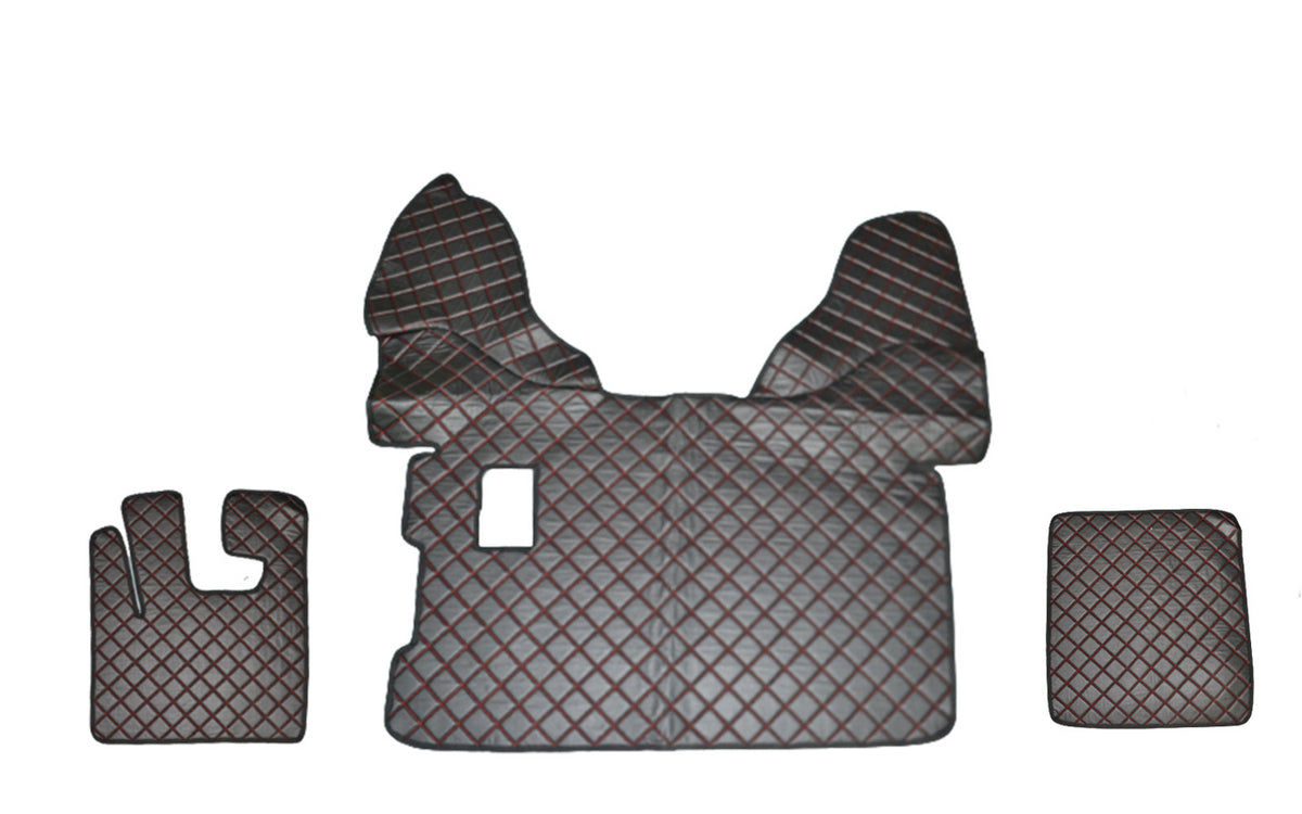 Black Eco Leather Floor Mats – suitable for DAF 105 Manual, Red Stitching, 2009+
