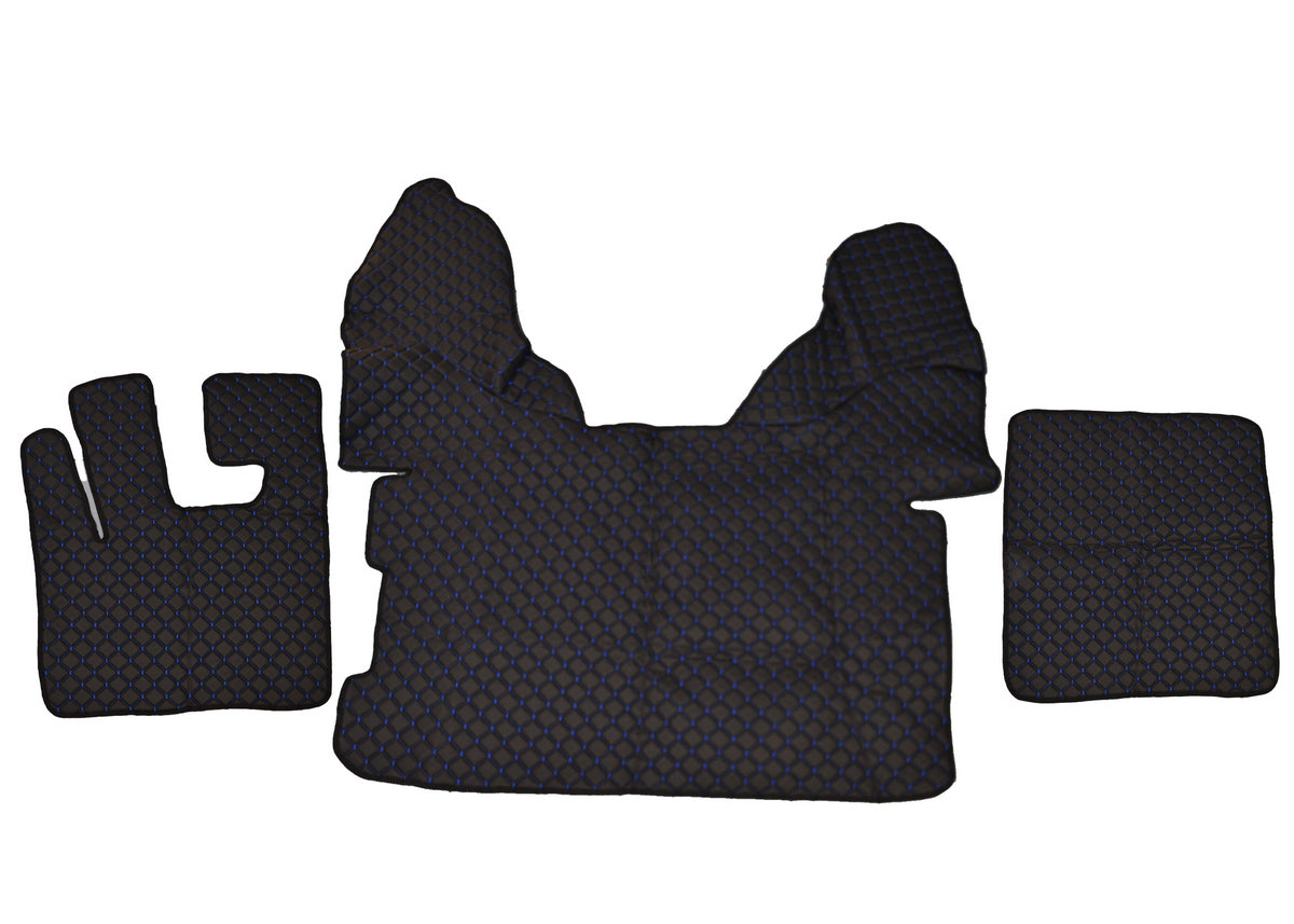Tapis de sol en cuir synthétique (éco-cuir) noir – adapté pour DAF 105, surpiqûres bleues, 2009+