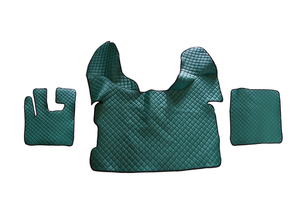 Tapis de sol vert en cuir synthétique (éco-cuir) – adaptés pour DAF XF 105, 2009+, surpiqûres vertes