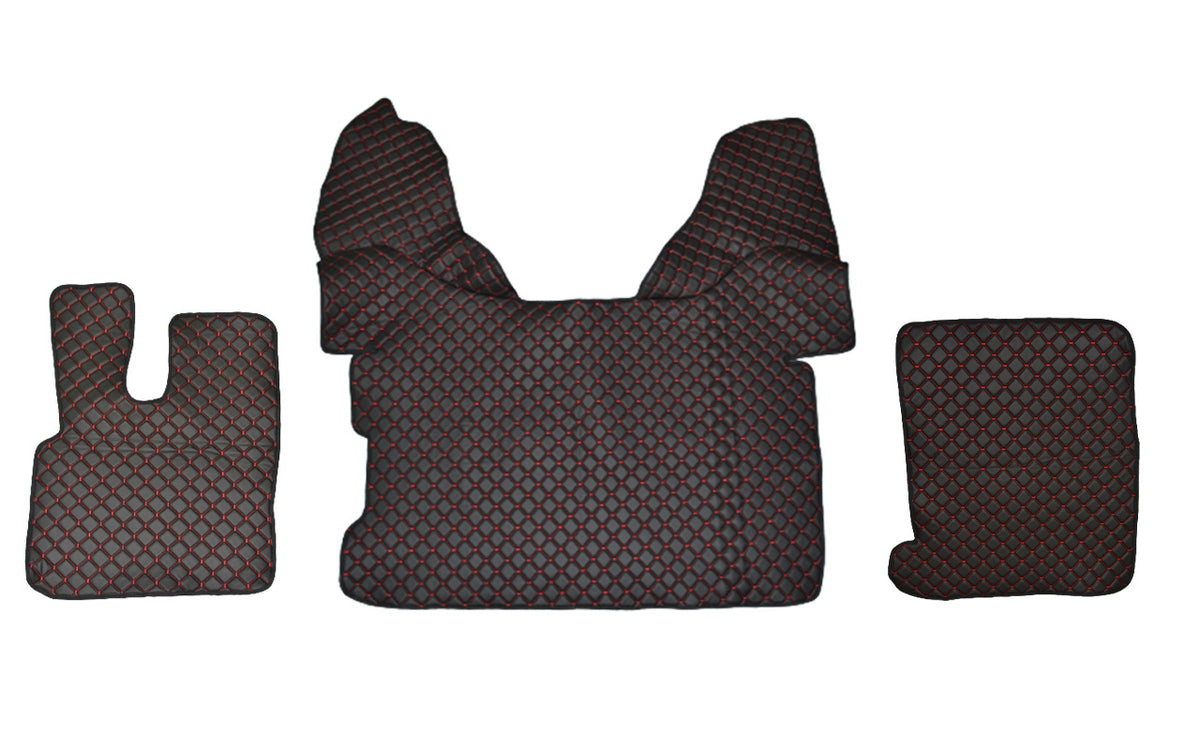 Tapis de sol noirs en cuir synthétique (éco-cuir) – adaptés pour DAF 106, surpiqûres rouges, 2015+