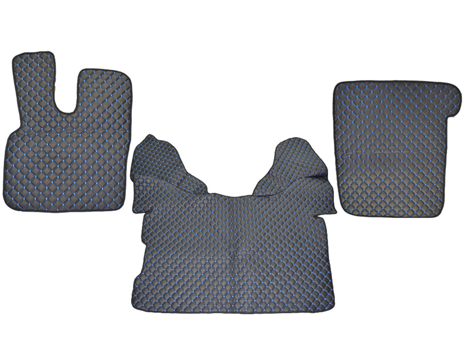 Tapis de sol noir en cuir synthétique (éco-cuir) – adapté pour DAF 106, surpiqûres bleues, 2015+