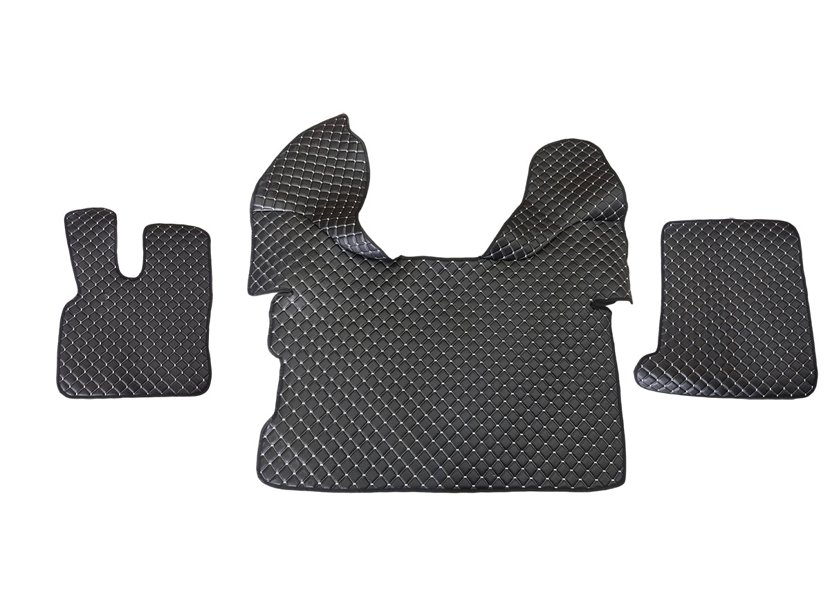 Tapis de sol en cuir synthétique (éco-cuir) noir – adaptés pour DAF 106, surpiqûres blanches, 2015+