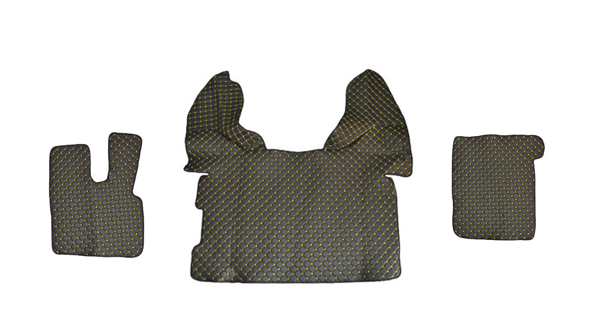 Tapis de sol en cuir synthétique (éco-cuir) noir – adapté pour DAF 106, surpiqûres jaunes, 2015+