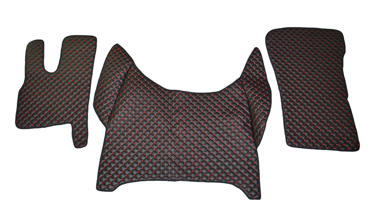 Tapis de sol en cuir synthétique (éco-cuir) noir – adapté pour DAF XF 2021+, surpiqûres rouges