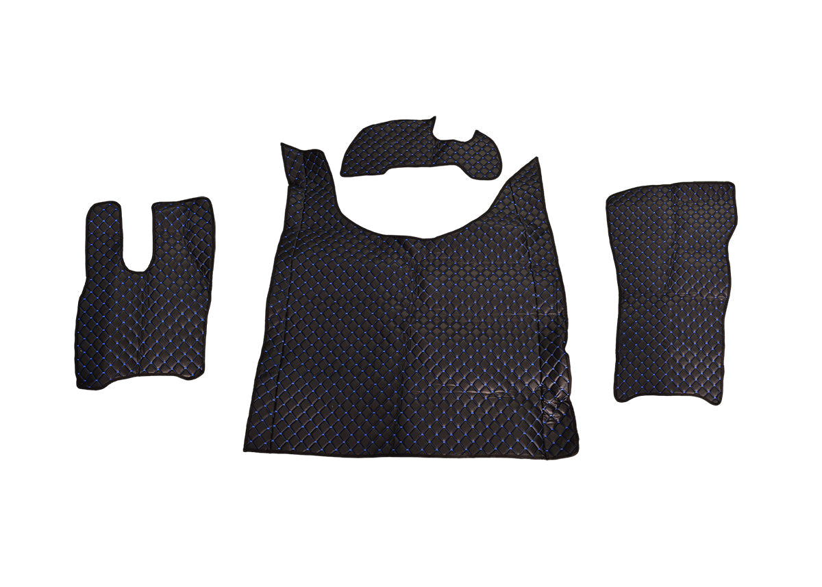 Tapis de sol en cuir synthétique (éco-cuir) noir – adaptés pour DAF XG 2022+, surpiqûres bleues