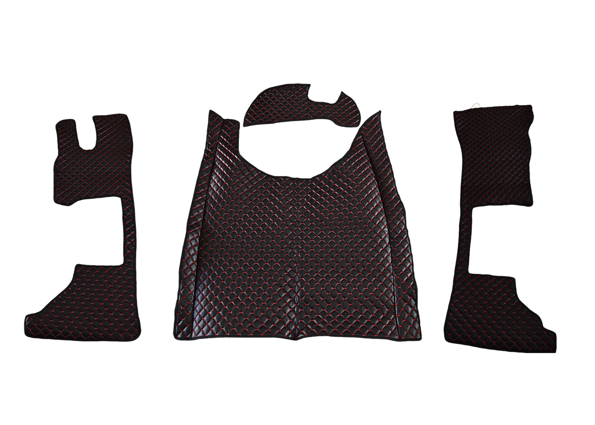 Tapis de sol en cuir synthétique (éco-cuir) noir avec surpiqûres rouges, conducteur et passager, version longue, adapté pour DAF XG 2022+