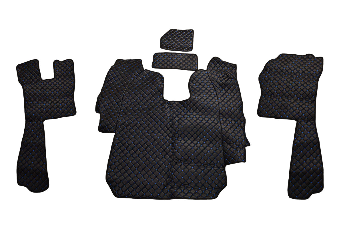 Tapis de sol en cuir – adapté pour Scania R 2004–2010 boîte automatique, noir avec surpiqûres bleues