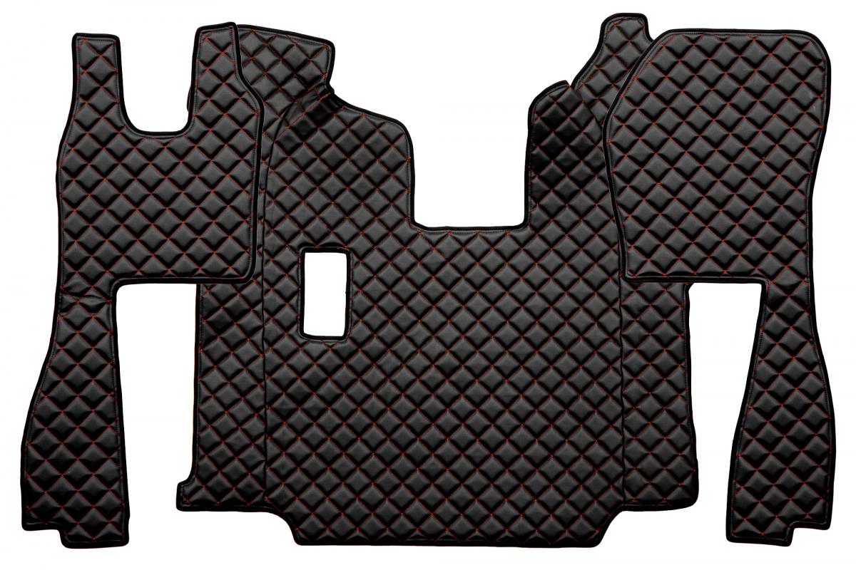 Tapis de sol en cuir – adapté pour Scania R 2010–2016 boîte manuelle, noir avec surpiqûres rouges