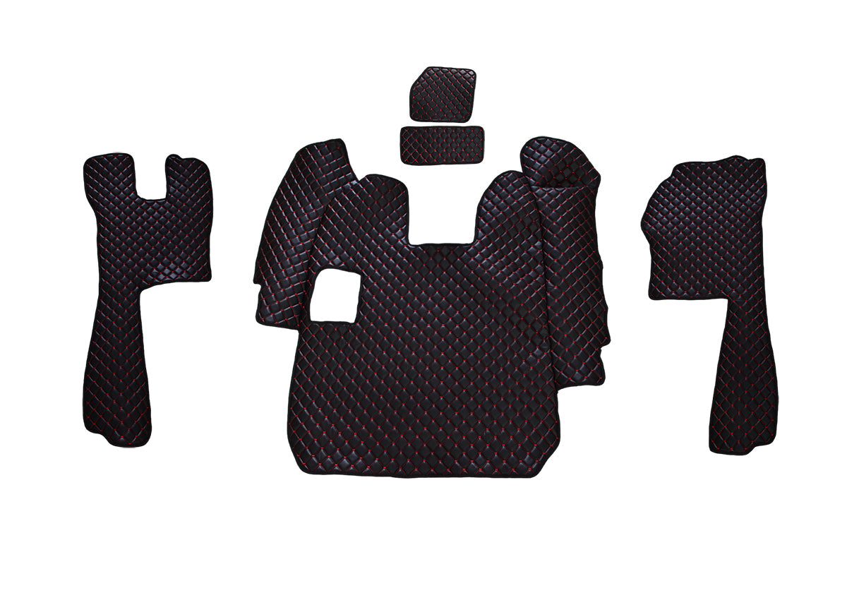 Tapis de sol en cuir – adapté pour Scania R 2005–2010, boîte manuelle, noir avec surpiqûres rouges